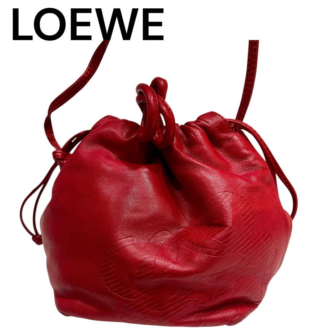 LOEWE ロエベ ヴィンテージ アナグラム レザー 巾着 ショルダーバッグ　赤