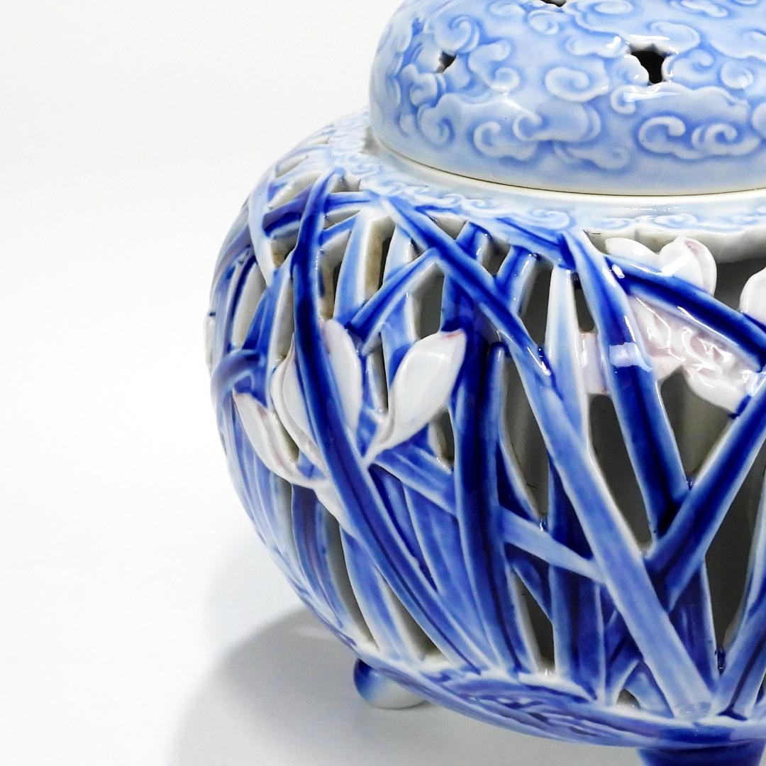 深川製　蘭彫刻 香炉 共箱