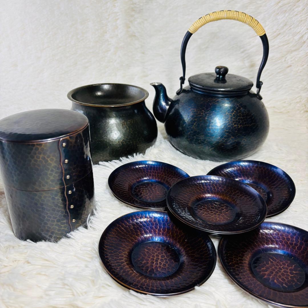 玉川堂　茶筒　建水　水差し　薬缶　鎚起銅器　茶器揃　玉虫　紫　燕三新潟県