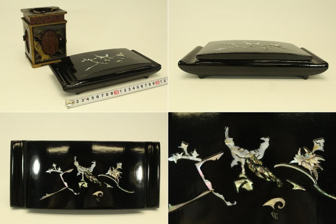 螺鈿蓋物 窓網代 花鳥蒔絵 四方 煙草具 二件(A742)