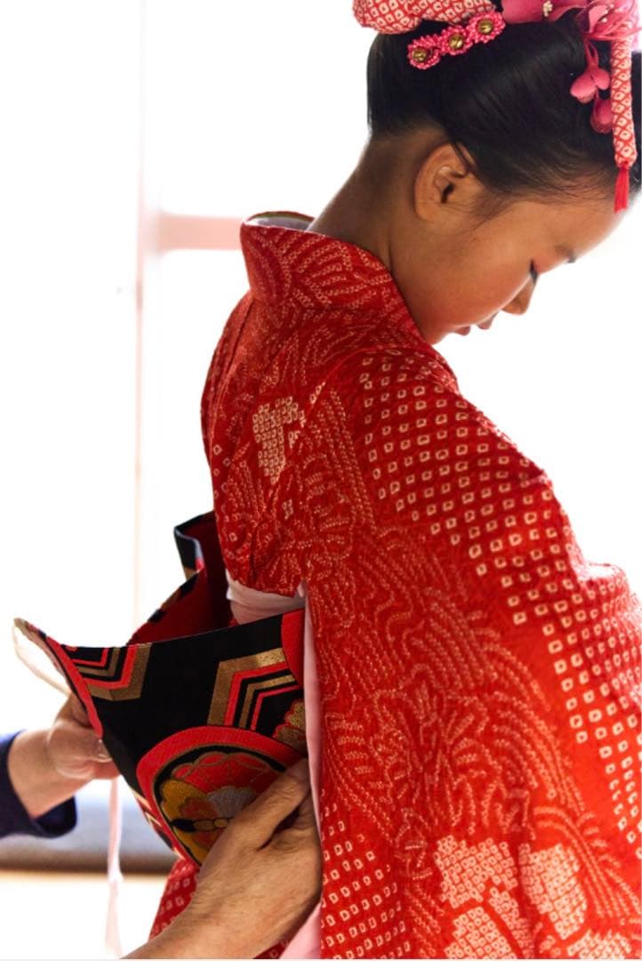 7歳　レトロ正絹朱色牡丹総絞り　七五三　お着物フルセット　アンティーク