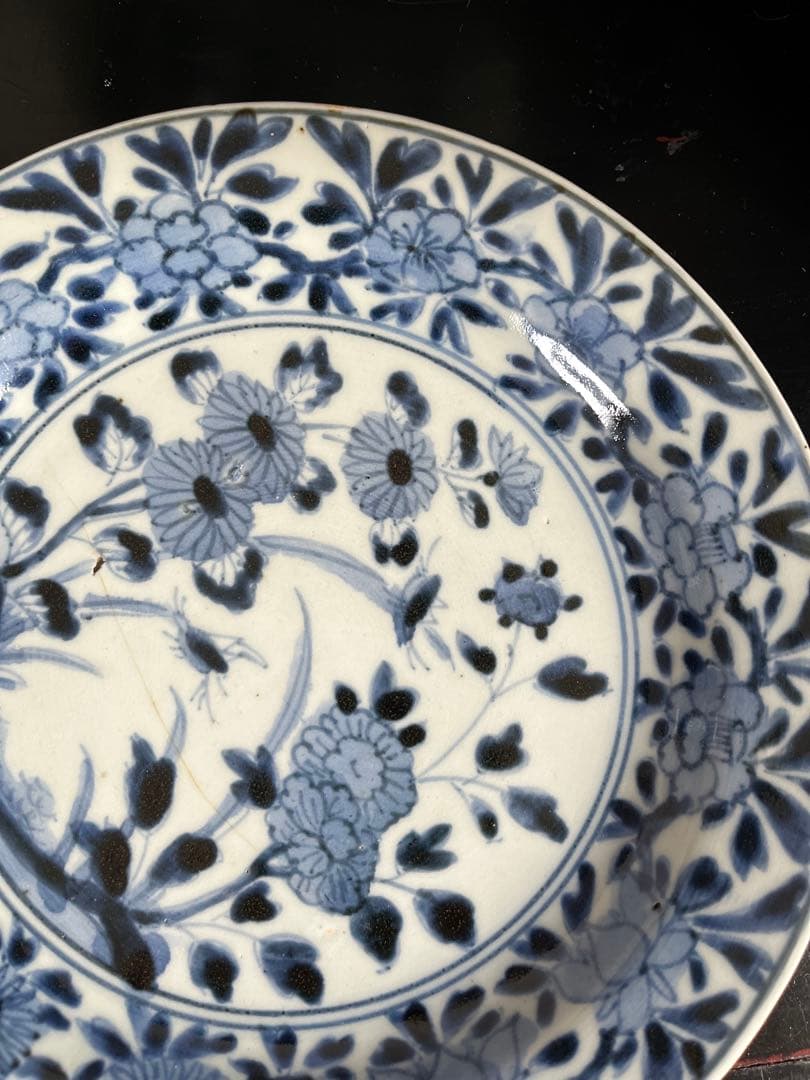 専用！古染付　桜　虫　菊　牡丹　花頭と、鳥の図芙蓉手古染付皿、合計２枚セット