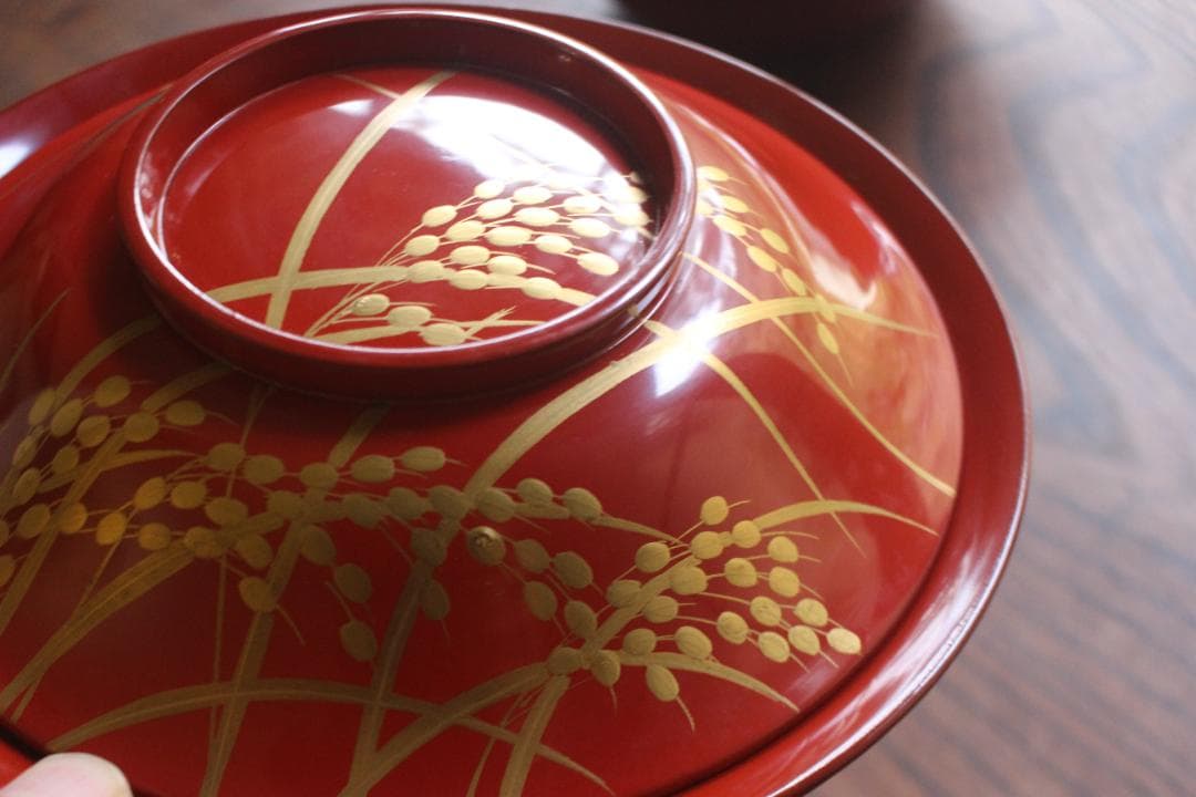 デッドストック！時代朱漆に極上稲穂雀蒔絵の映える大椀2点（検輪島塗蒔絵椀雑煮椀