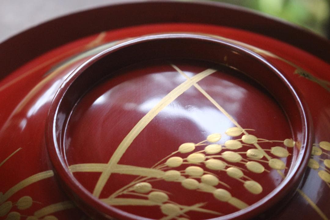 デッドストック！時代朱漆に極上稲穂雀蒔絵の映える大椀2点（検輪島塗蒔絵椀雑煮椀