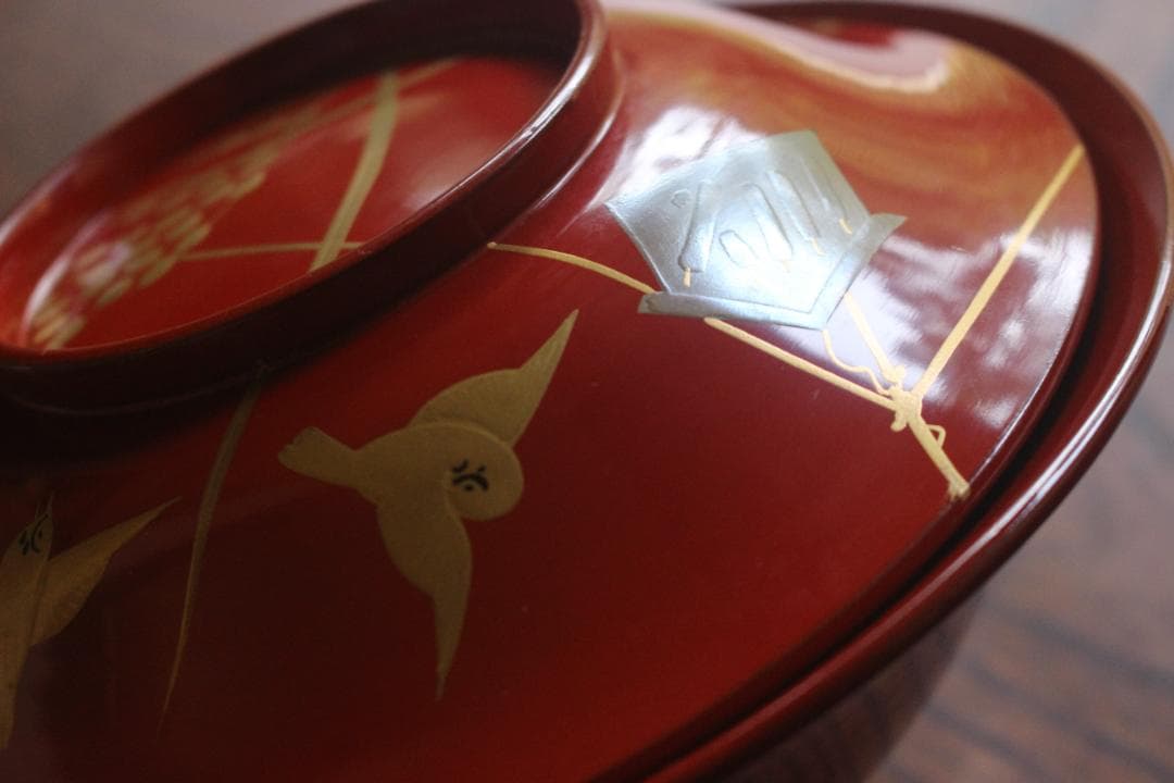 デッドストック！時代朱漆に極上稲穂雀蒔絵の映える大椀2点（検輪島塗蒔絵椀雑煮椀