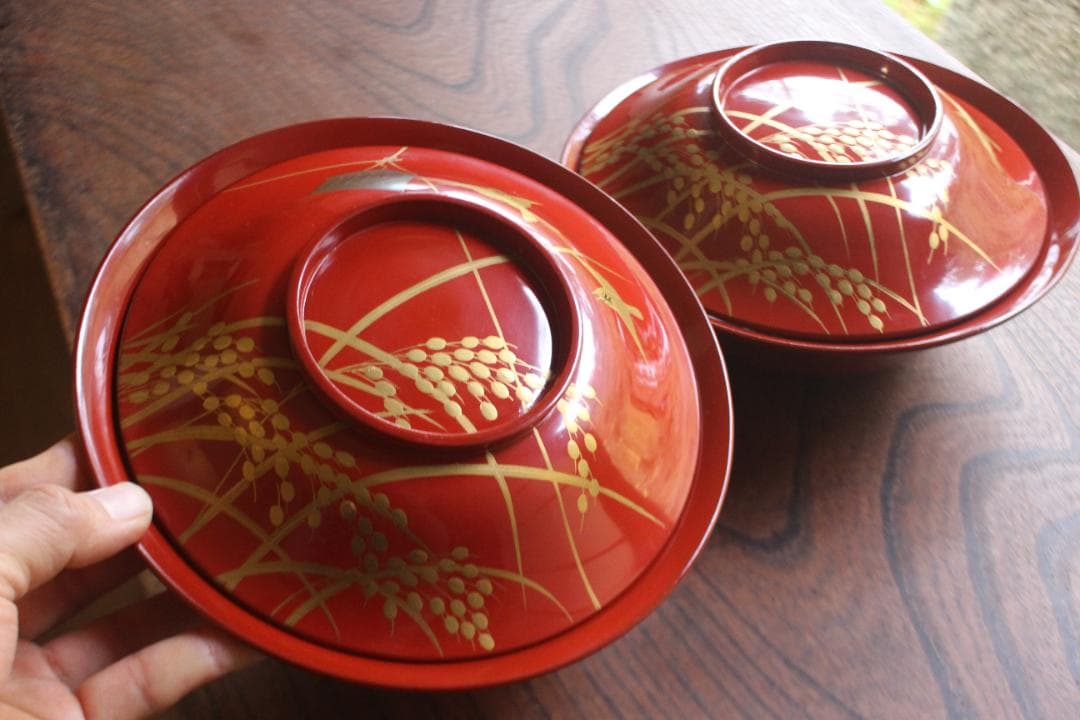 デッドストック！時代朱漆に極上稲穂雀蒔絵の映える大椀2点（検輪島塗蒔絵椀雑煮椀