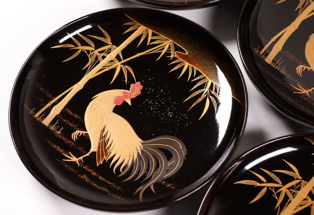 【CM354】時代蒔絵椀 竹に鶏金蒔絵 平椀五客 木製 /(検) 輪島塗加賀能登