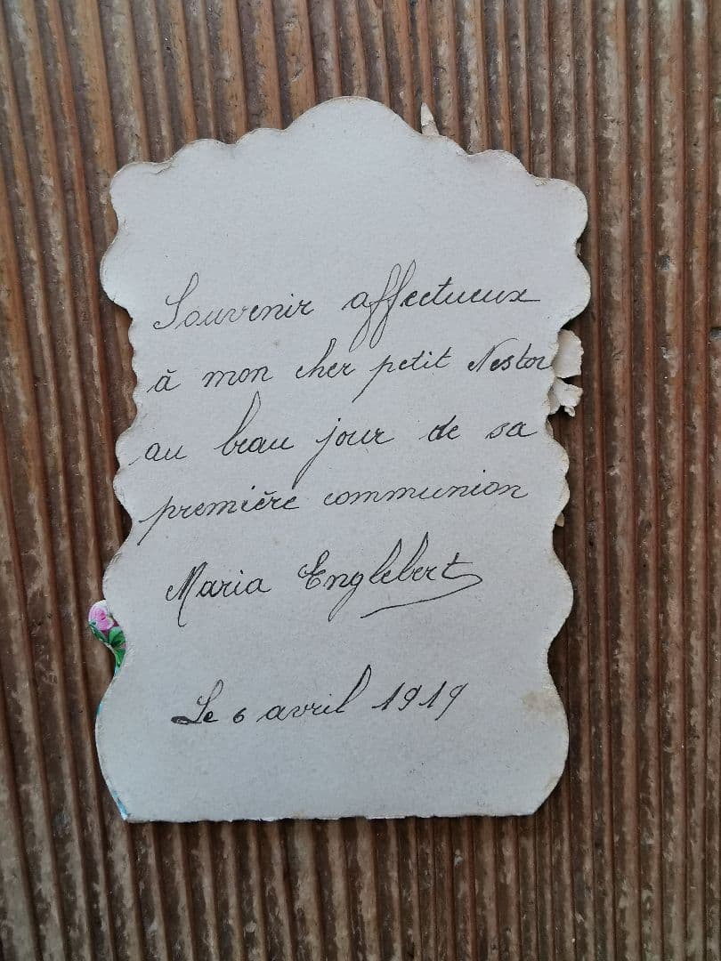 アンティークフランス 立体３層カードカニヴェ 聖体式記念 3D薔薇鳩バード勿忘草