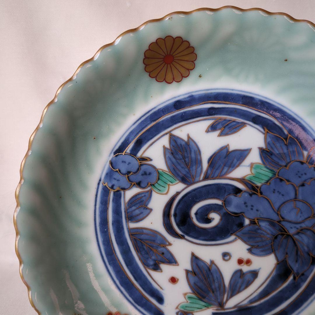 古伊万里 七寸皿 ② 色絵 青磁 菊文様 江戸期