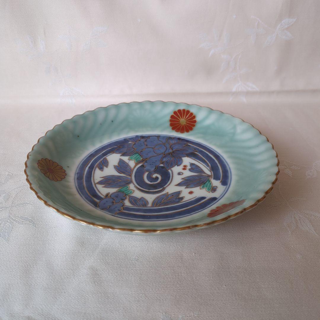 古伊万里 七寸皿 ② 色絵 青磁 菊文様 江戸期