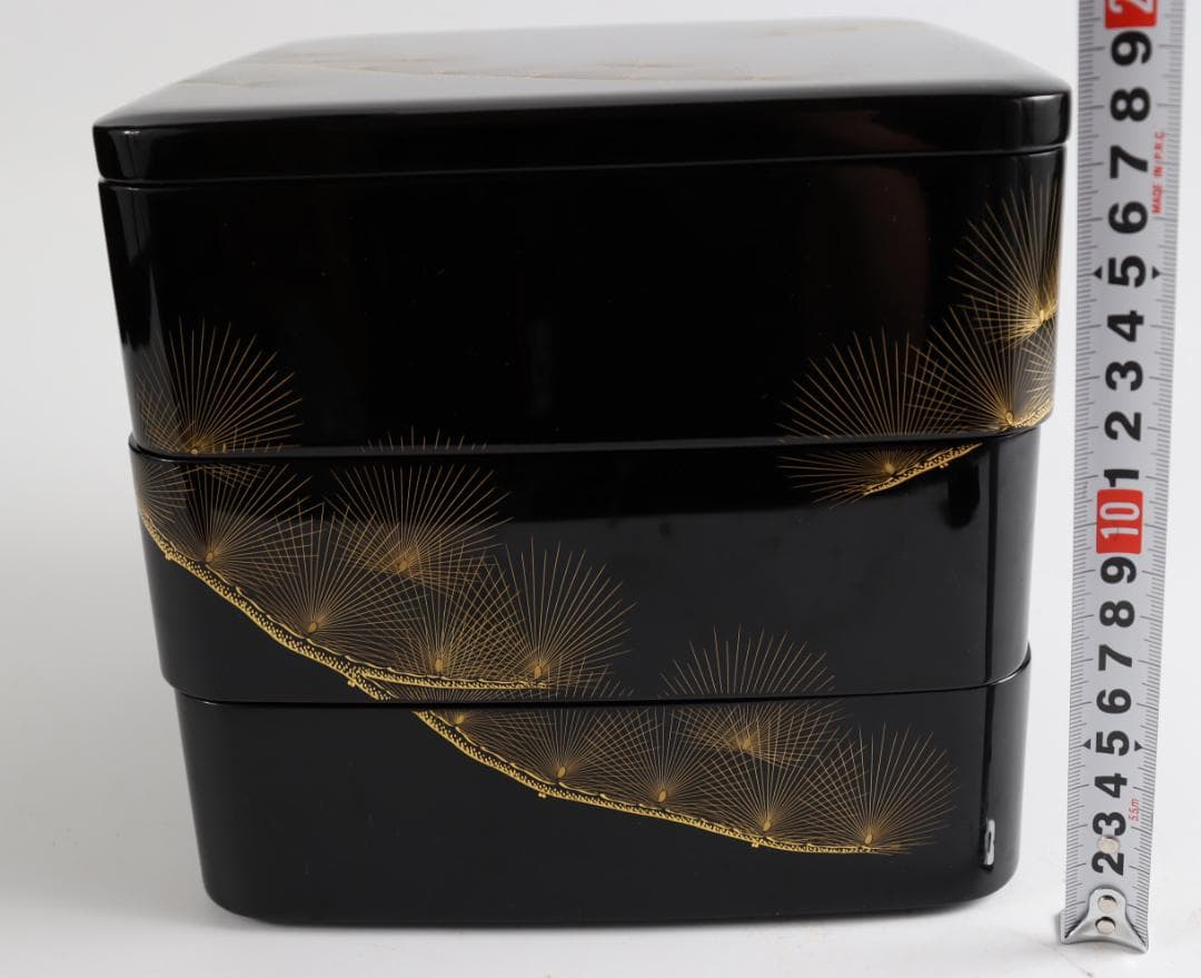 茶道具 輪島塗 三段重 黒 朱 松金 共箱 お重 重箱