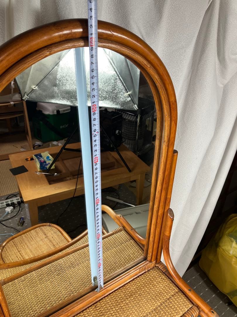 即購入不可　昭和レトロ×天然素材　籐製ミラー付きドレッサー＆スツールセット