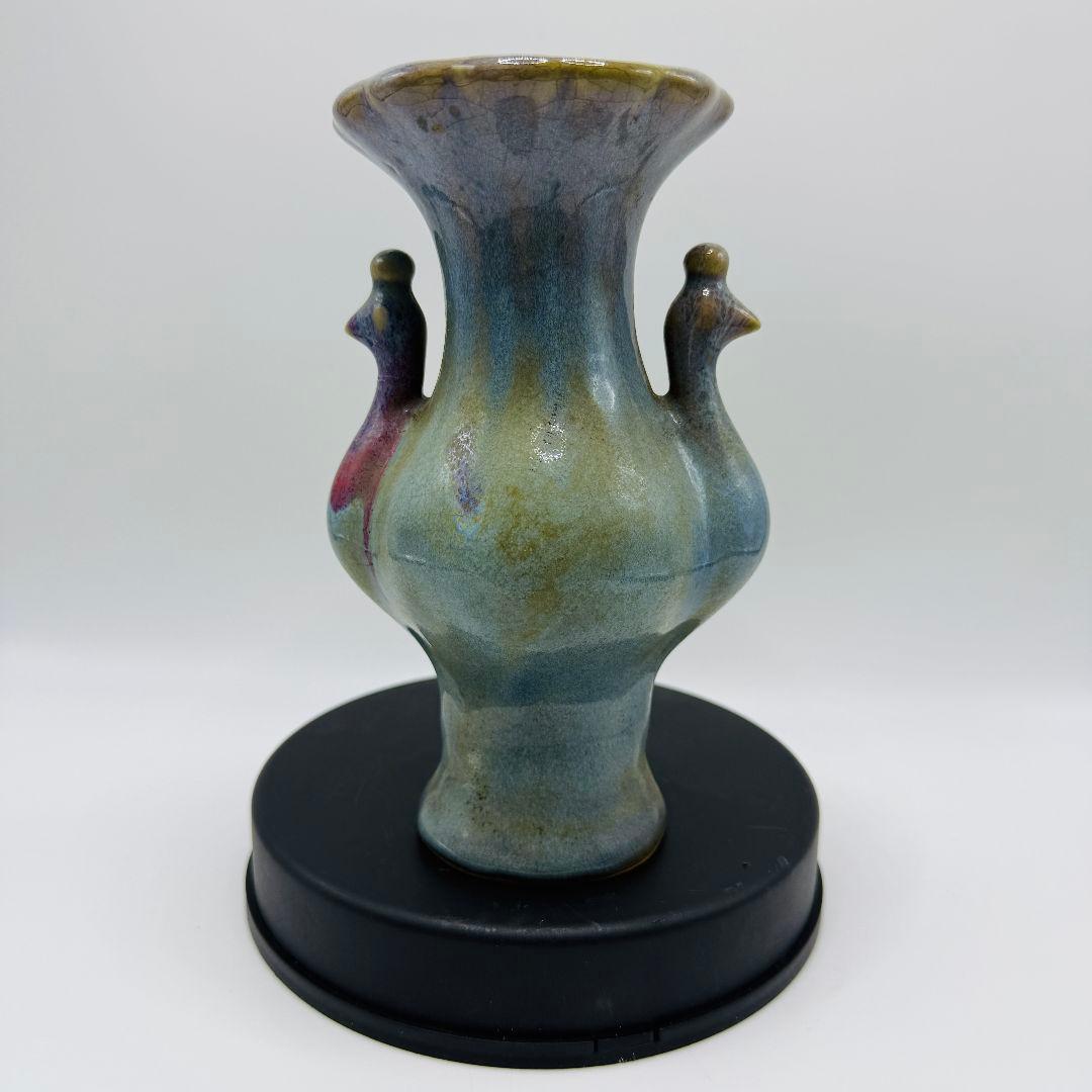 L108 磁器窯変掛紅花口孔雀花瓶 アンティーク