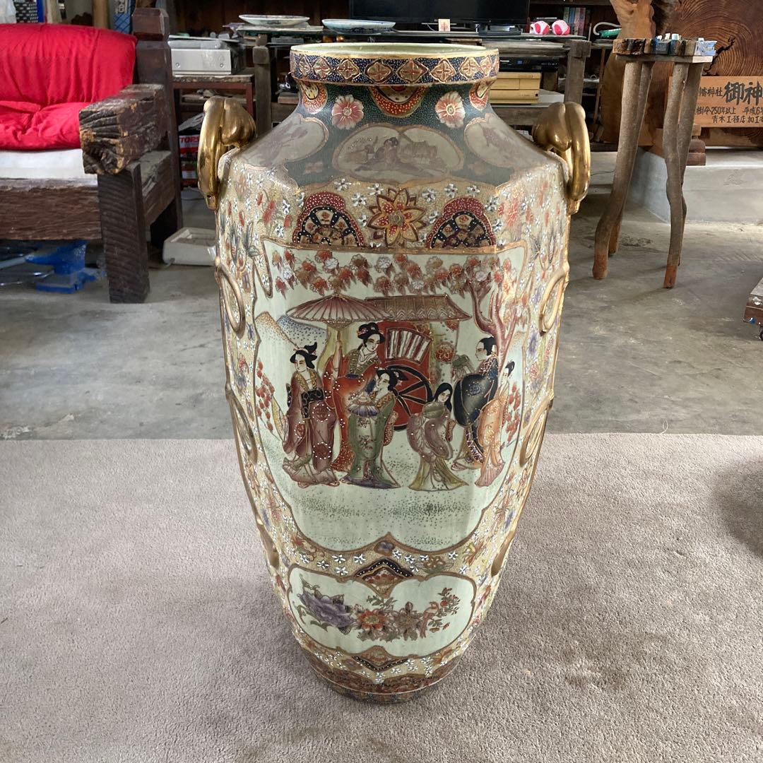 特大 薩摩焼 細密画大花瓶 耳付き 極彩色 高さ78cm アンティーク