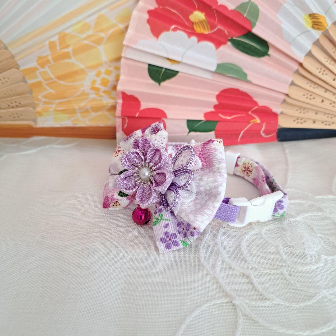 つまみ細工ダブルリボン(藤色)わんちゃん猫ちゃん用首輪