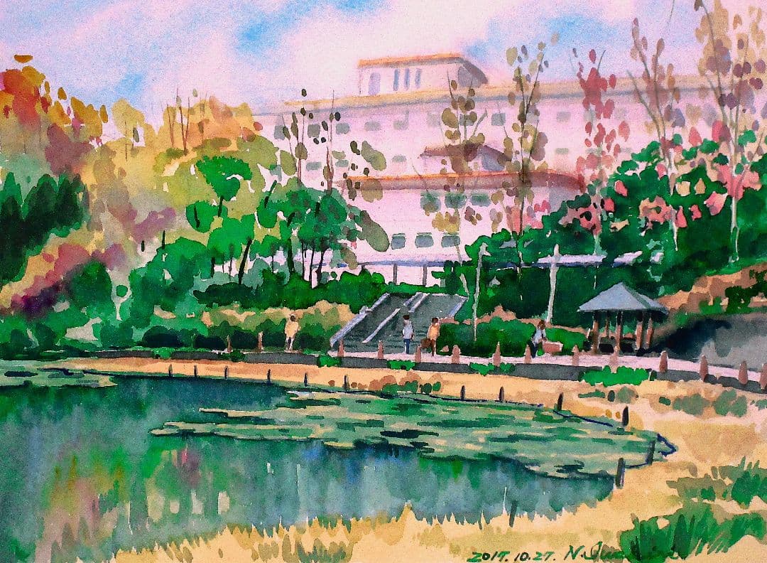 水彩画 (池のある公園、額縁付き)