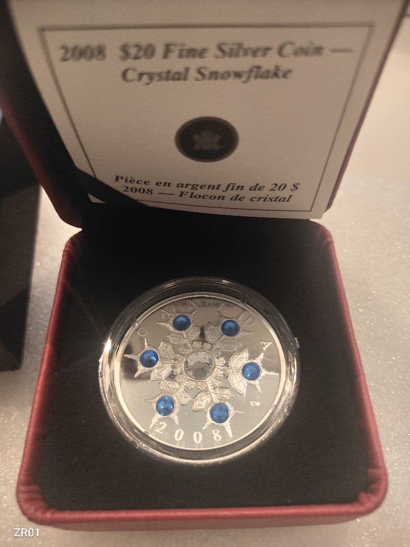 カナダ銀貨「スノーフレーク」サファイアの青色スワロフスキー 銀貨