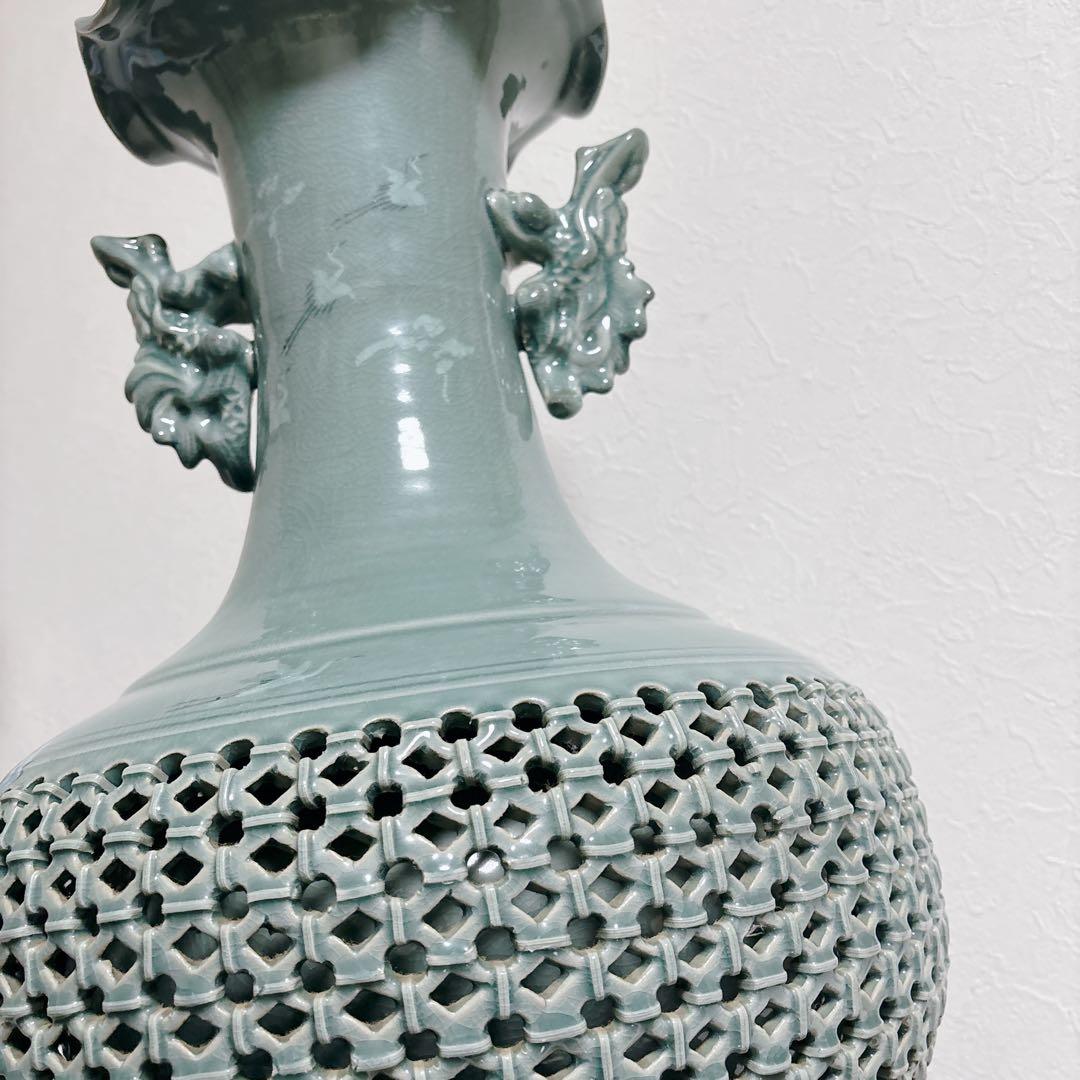 【特大】高麗青磁 海光作 龍耳透かし彫り 大花瓶 63cm 11.8kg 雲鶴紋