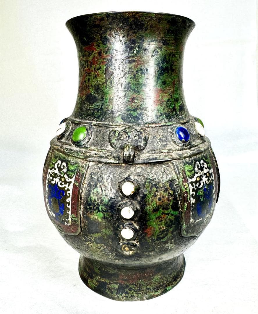 明時代 百整謹製 古銅双耳七宝壺 古美術 花瓶 ウブ品 入手困難 WWST044