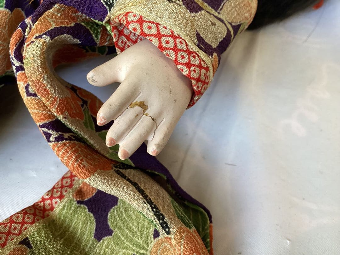ヴィンテージ市松人形 徳光斎　約40cm 花柄着物　吹子付き　人毛　ガラス眼