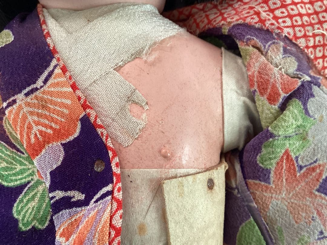 ヴィンテージ市松人形 徳光斎　約40cm 花柄着物　吹子付き　人毛　ガラス眼