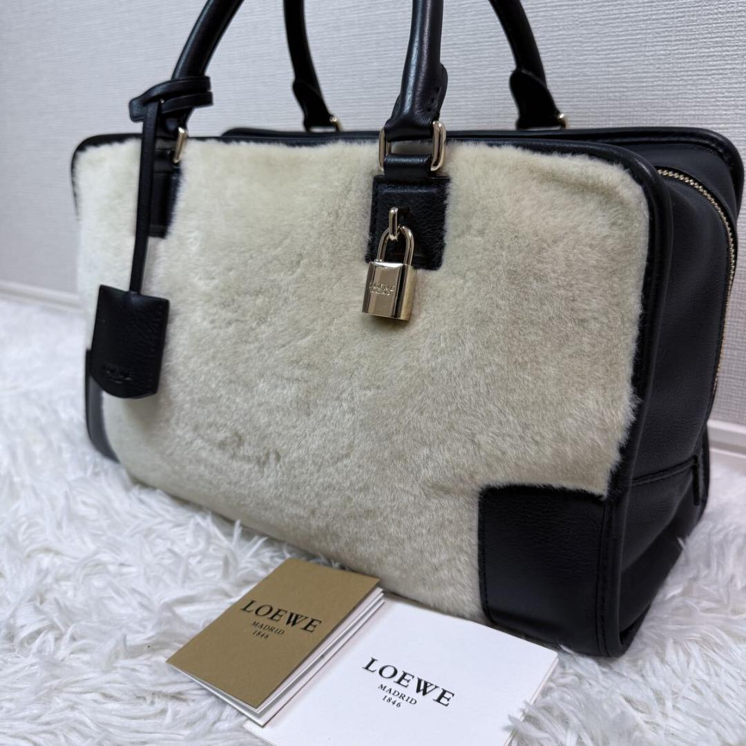 希少品 極美品 ロエベ アマソナ 36 ハンドバッグ アナグラム ムートン