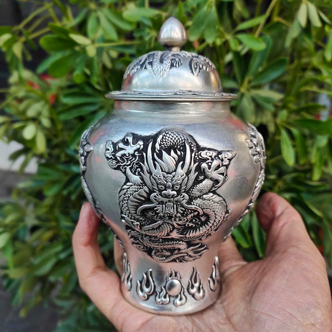 銅 細 工レリーフ龍鳳将軍缶 茶缶茶道具 工芸品 美術品 置物