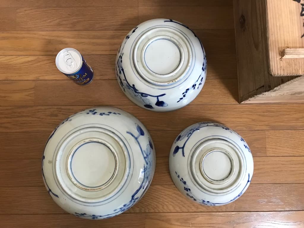 【アンティーク・天保10年】 古伊万里 染付 藍染 三ツ丼 木箱付き