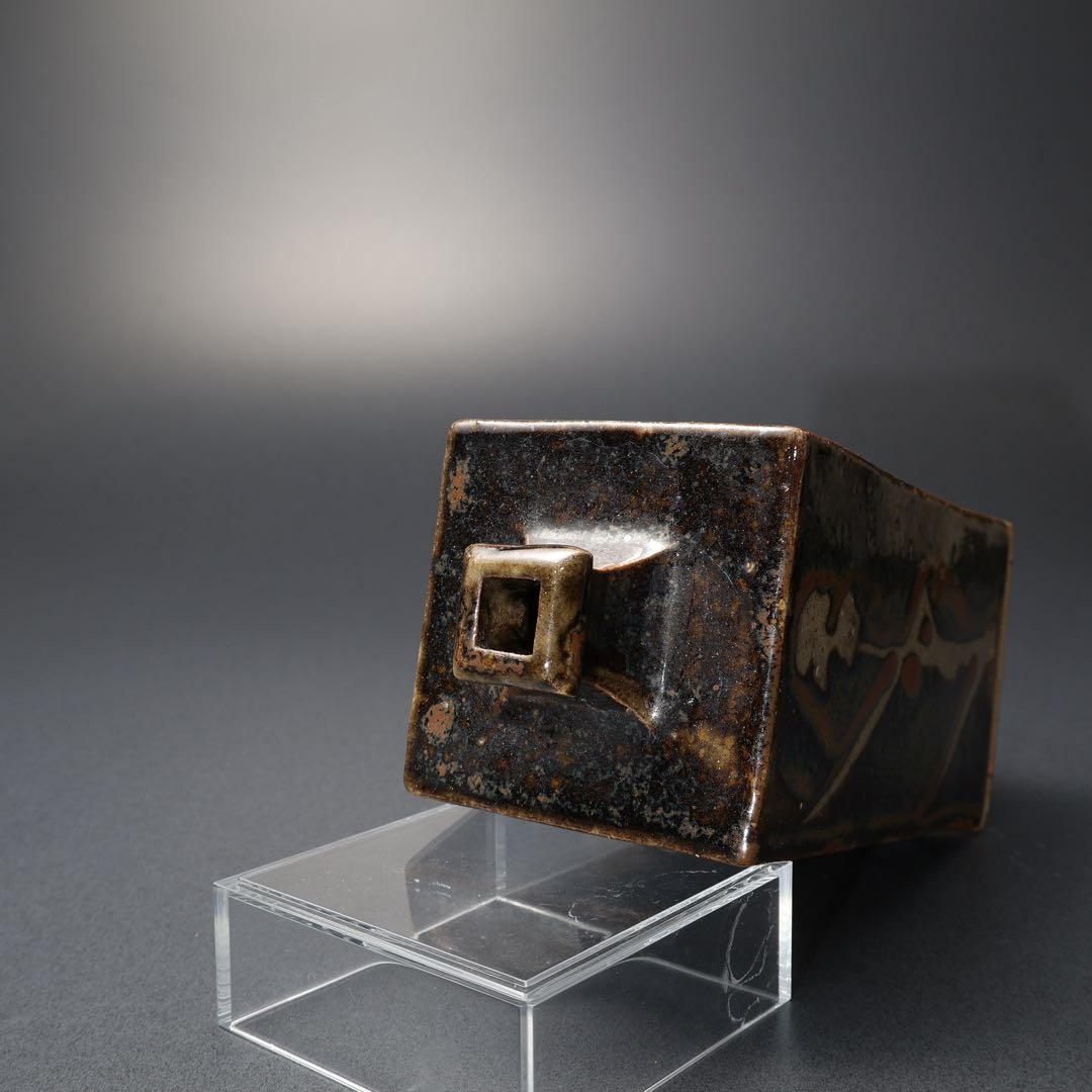 浜田庄司　柿釉きび文角瓶　人間国宝　民藝　R1408K3