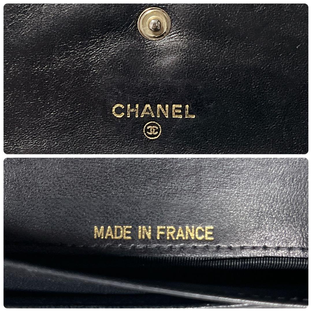 CHANEL ブラック　レザー 三つ折り財布　キャビアスキン　ギャランティカード