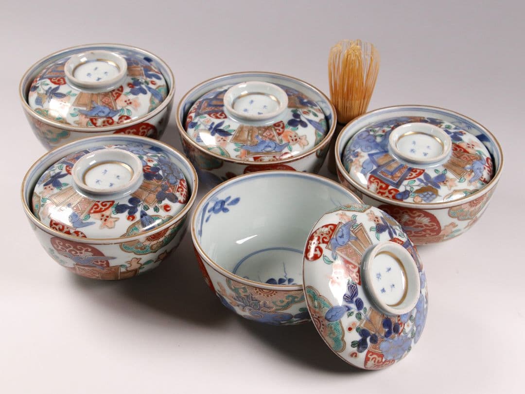 古伊万里 色絵蓋茶碗 五客 太宣年成 花鳥 錦手 染錦 赤絵 金彩 CK61