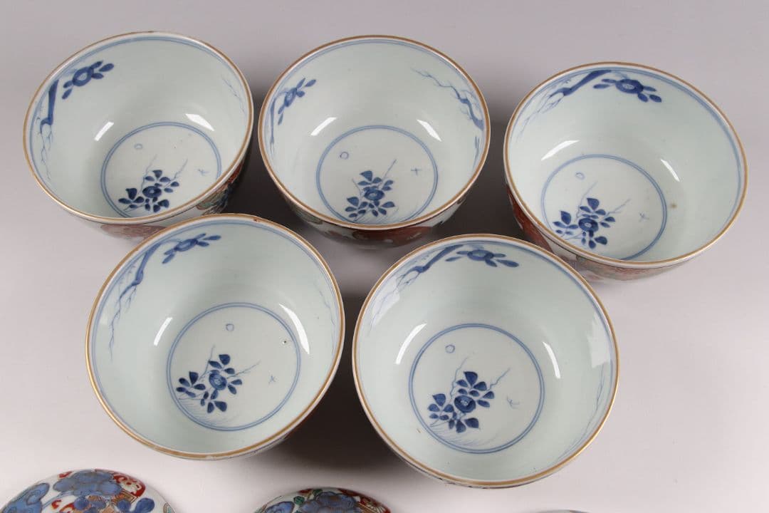 古伊万里 色絵蓋茶碗 五客 太宣年成 花鳥 錦手 染錦 赤絵 金彩 CK61