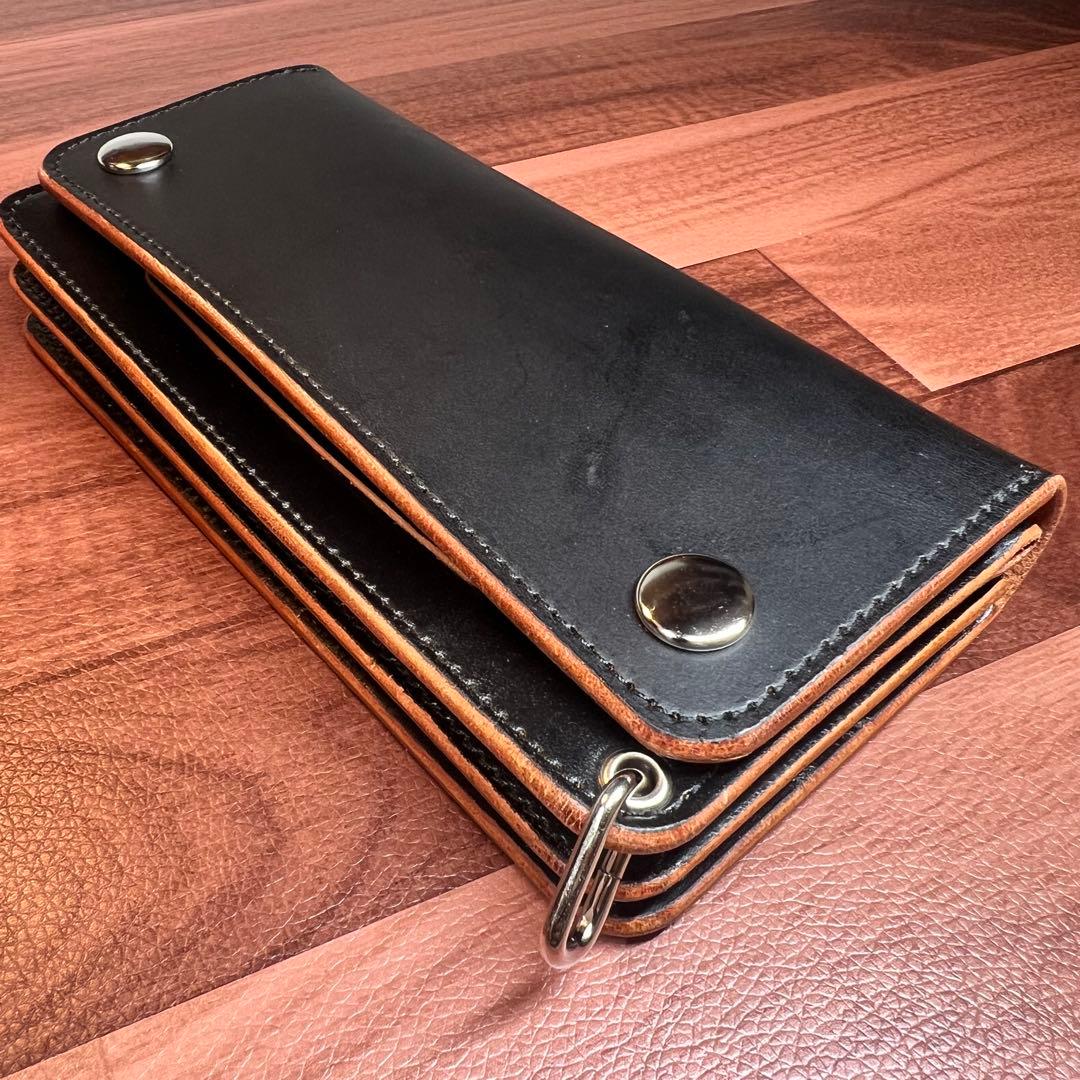 【トラッカーウォレット ロング 3層】 北米ステア　ブラック 茶芯 シルバー