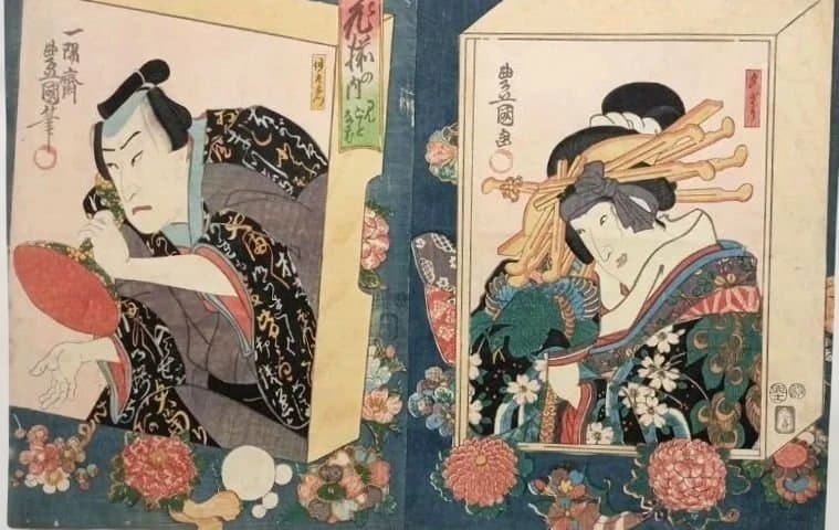 浮世絵版画、花揃の内二枚綴り、三代歌川豊国画安政5年出版