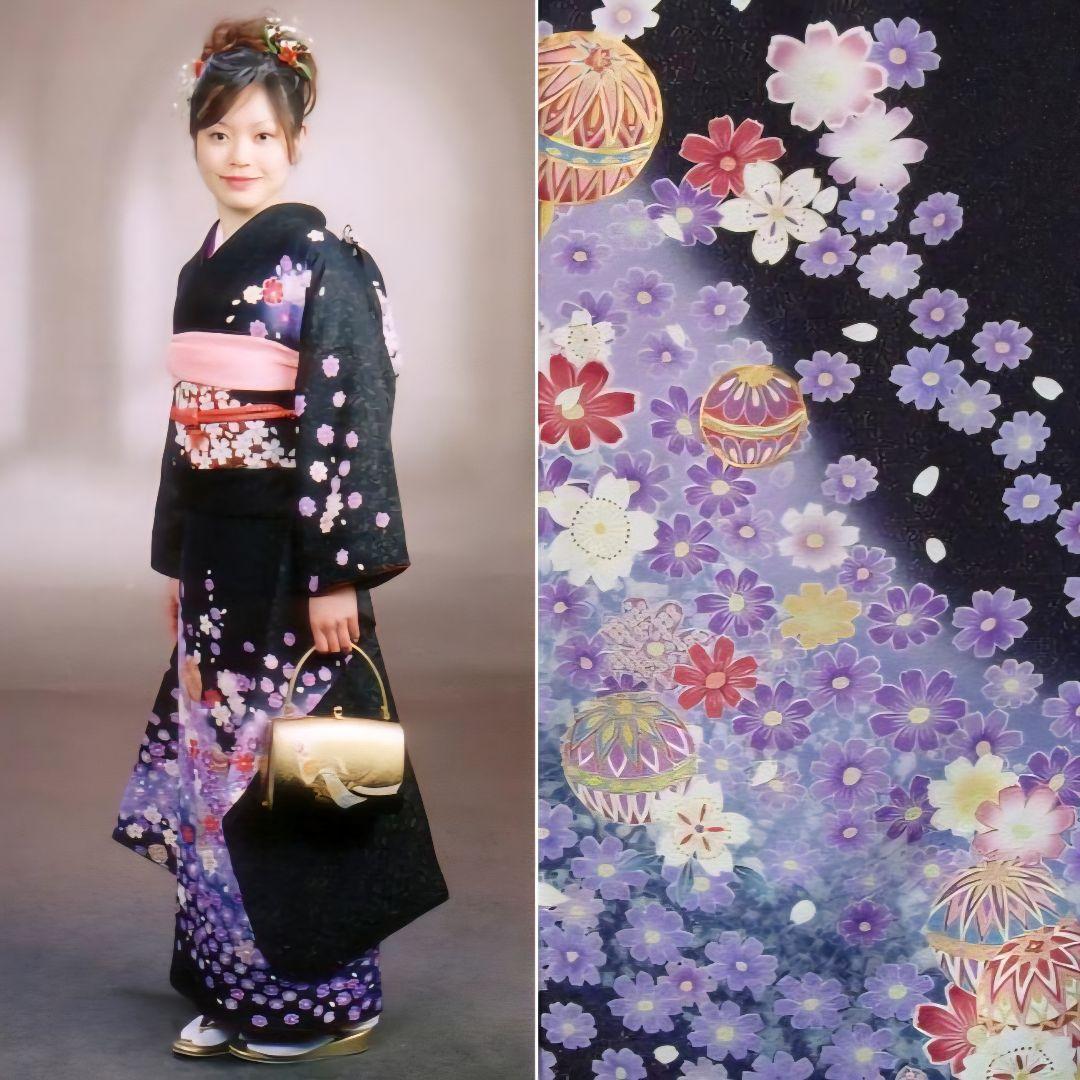新品同様に近い フルセット 正絹振袖 黒地ラメ入りに紫桜柄 成人式 卒業式に最適