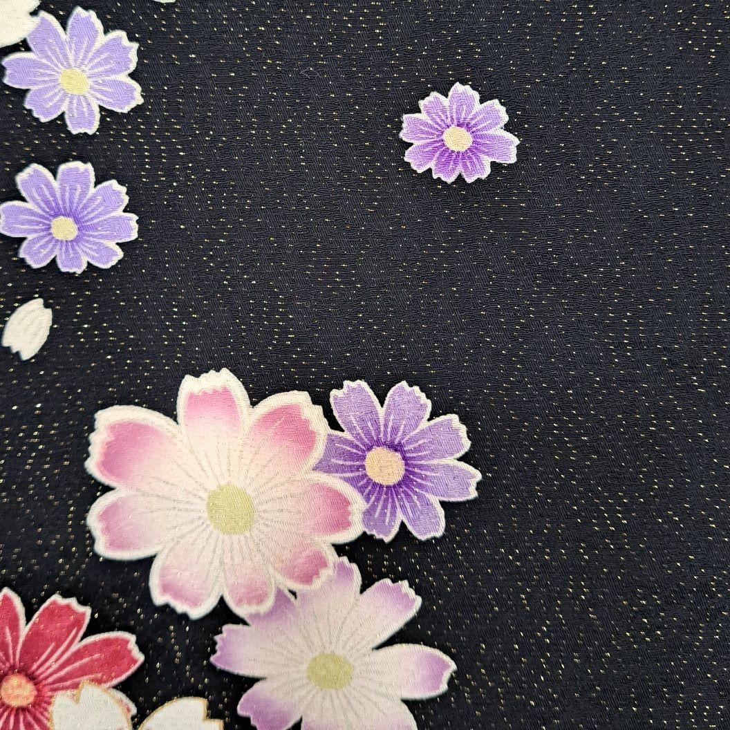 新品同様に近い フルセット 正絹振袖 黒地ラメ入りに紫桜柄 成人式 卒業式に最適