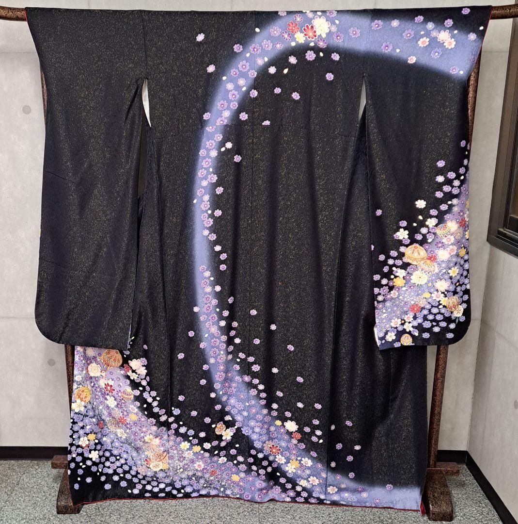 新品同様に近い フルセット 正絹振袖 黒地ラメ入りに紫桜柄 成人式 卒業式に最適