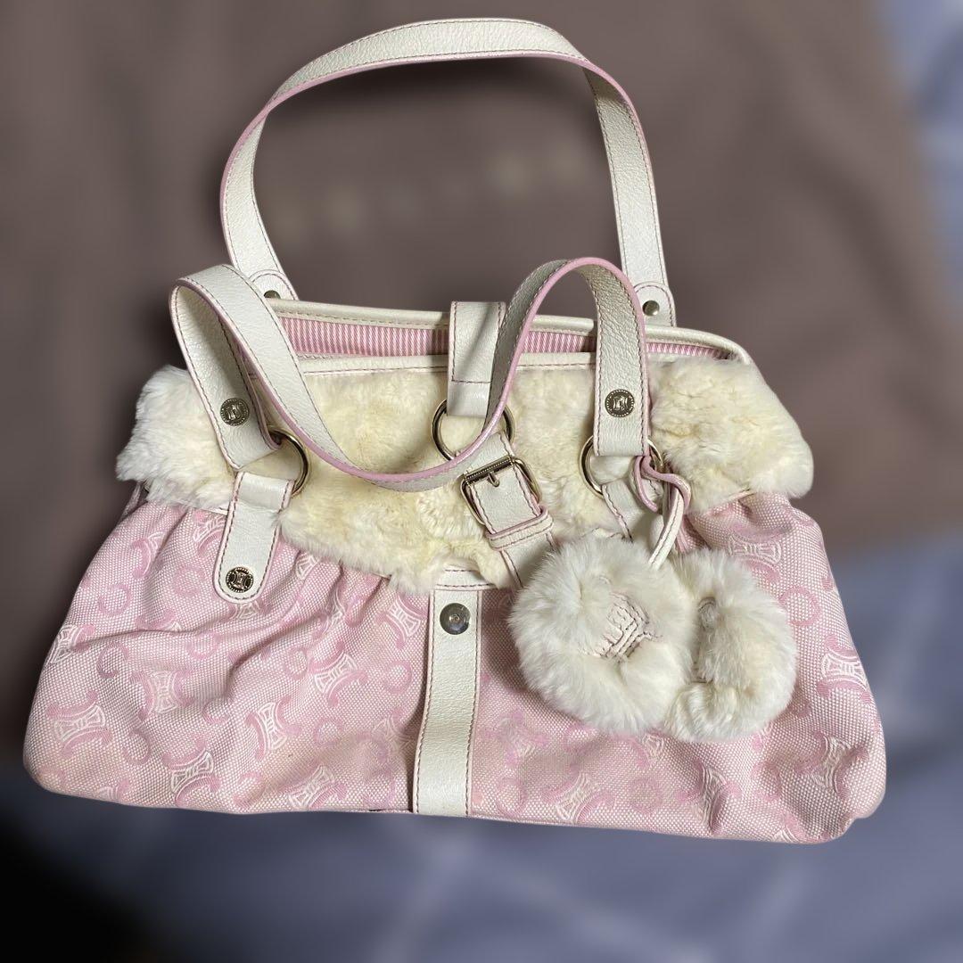 ファー付きピンクハンドバッグ