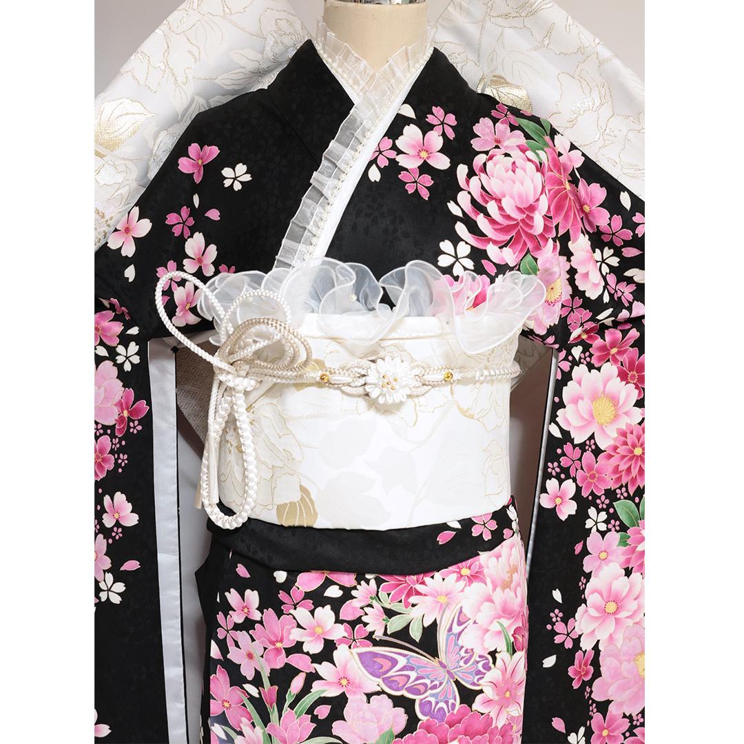 振袖7点セット■トールサイズ174cm帯新品帯締め花フルセット黒成人式BS34