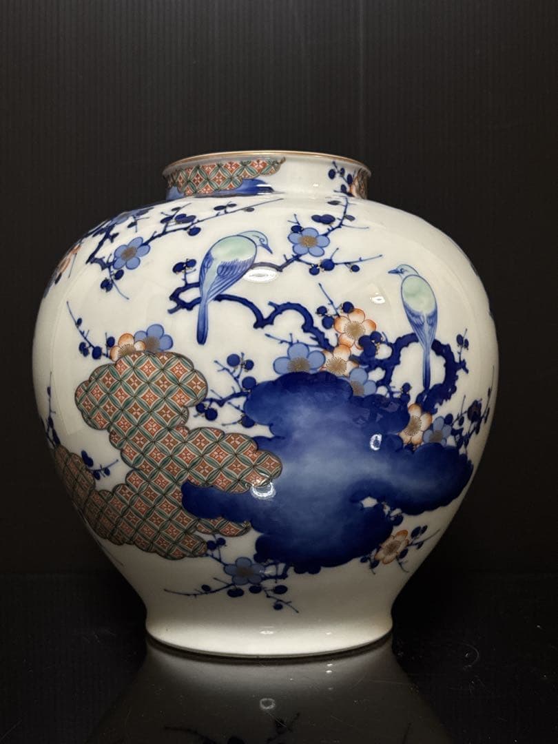 希少 オールド香蘭社 染錦 手描 華鳥七宝紋雲図 花瓶 花生 壷