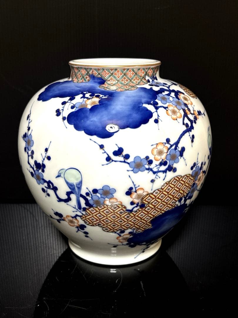 希少 オールド香蘭社 染錦 手描 華鳥七宝紋雲図 花瓶 花生 壷