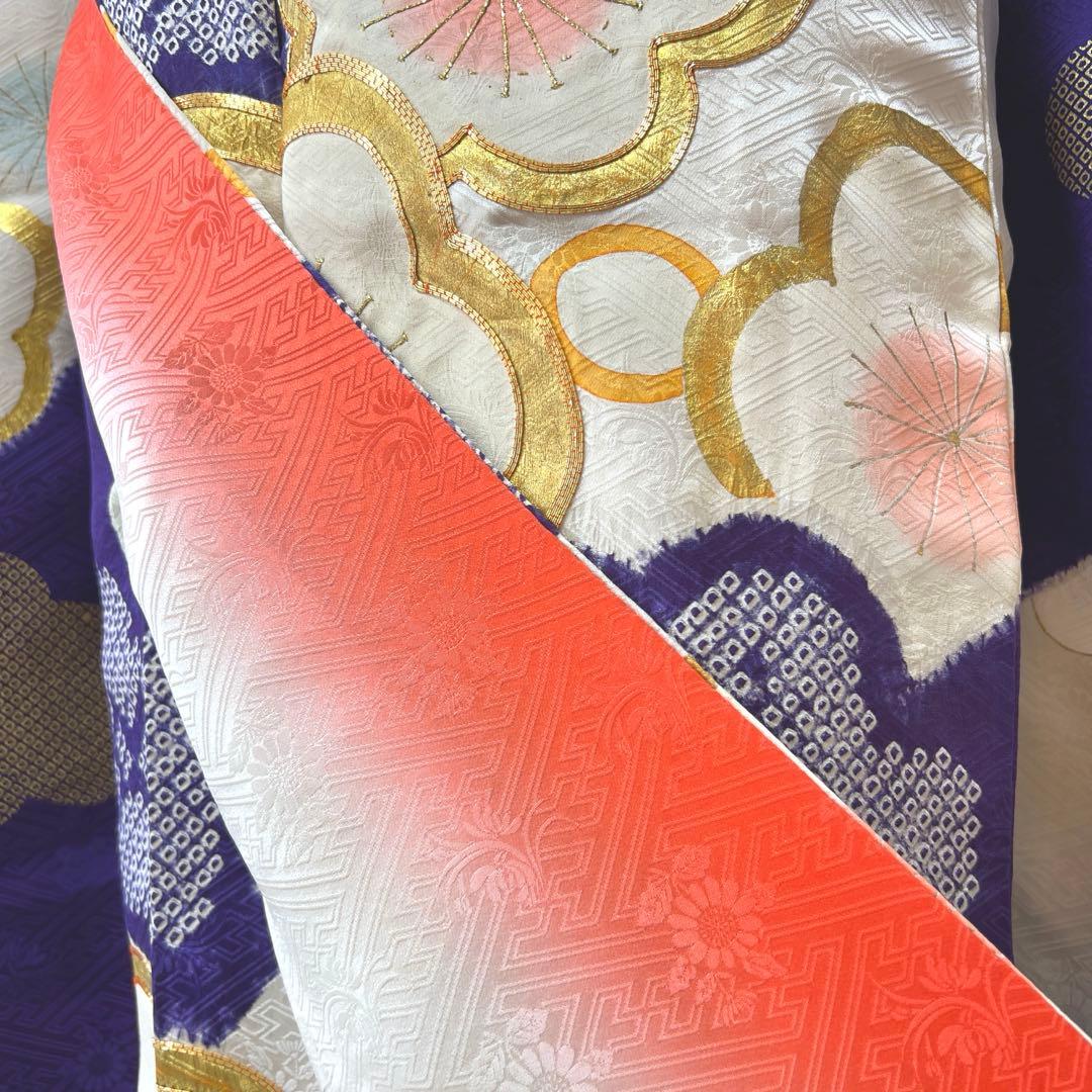 437 振袖フルセット 正絹 紫 オフホワイト 金銀彩 絞り 駒刺繍 レトロ