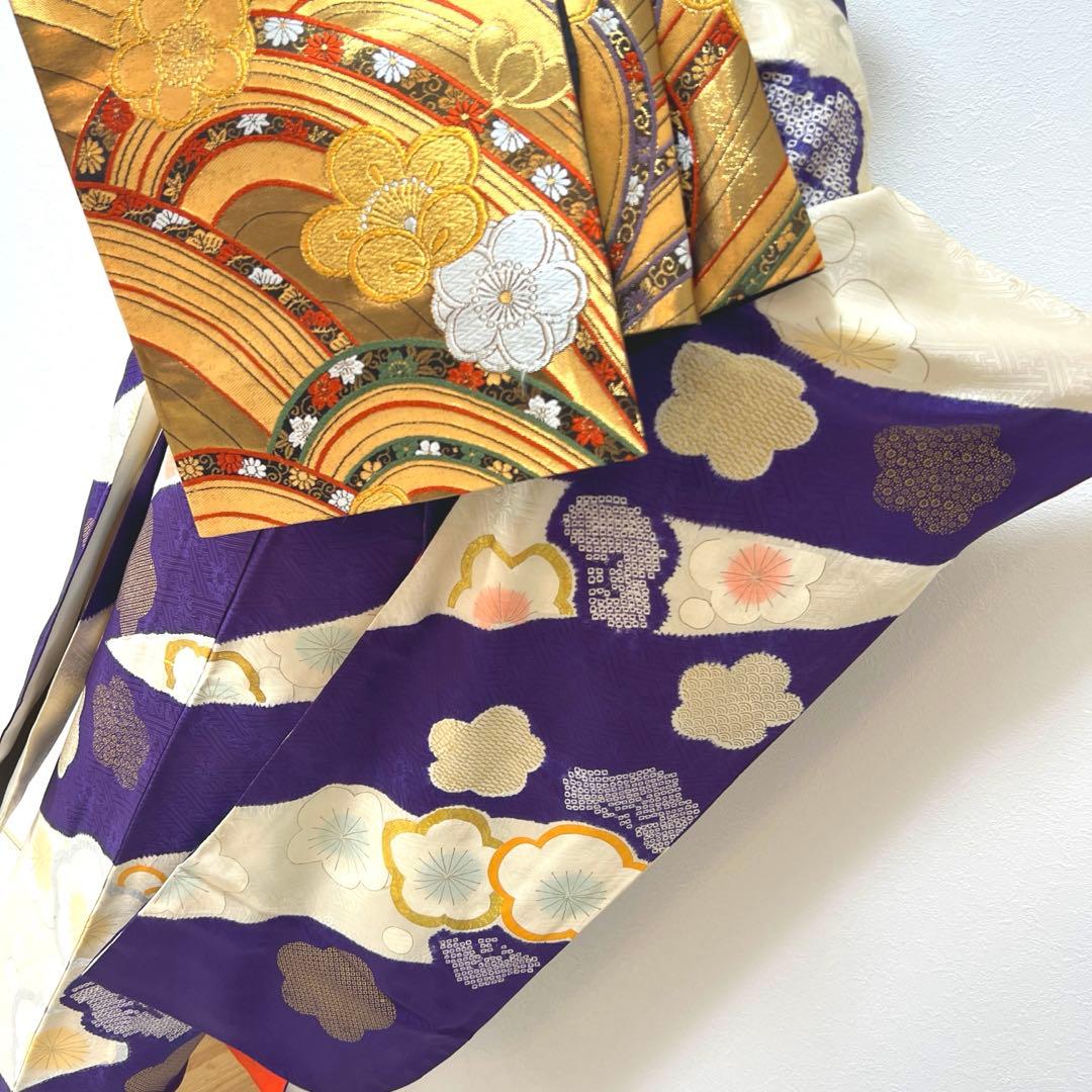 437 振袖フルセット 正絹 紫 オフホワイト 金銀彩 絞り 駒刺繍 レトロ