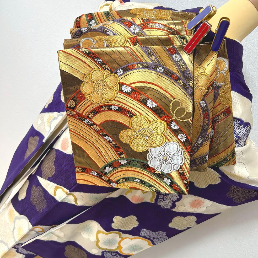 437 振袖フルセット 正絹 紫 オフホワイト 金銀彩 絞り 駒刺繍 レトロ