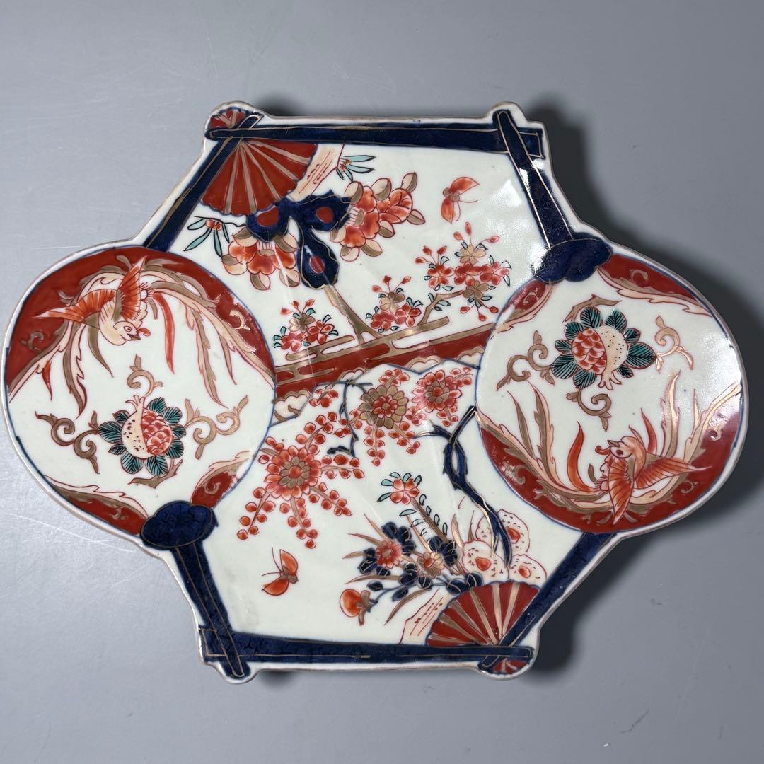 1800年代後期　古伊万里　色絵花蝶図変形中皿　五枚　柘榴に鳳凰　裏蝙蝠文　珍品
