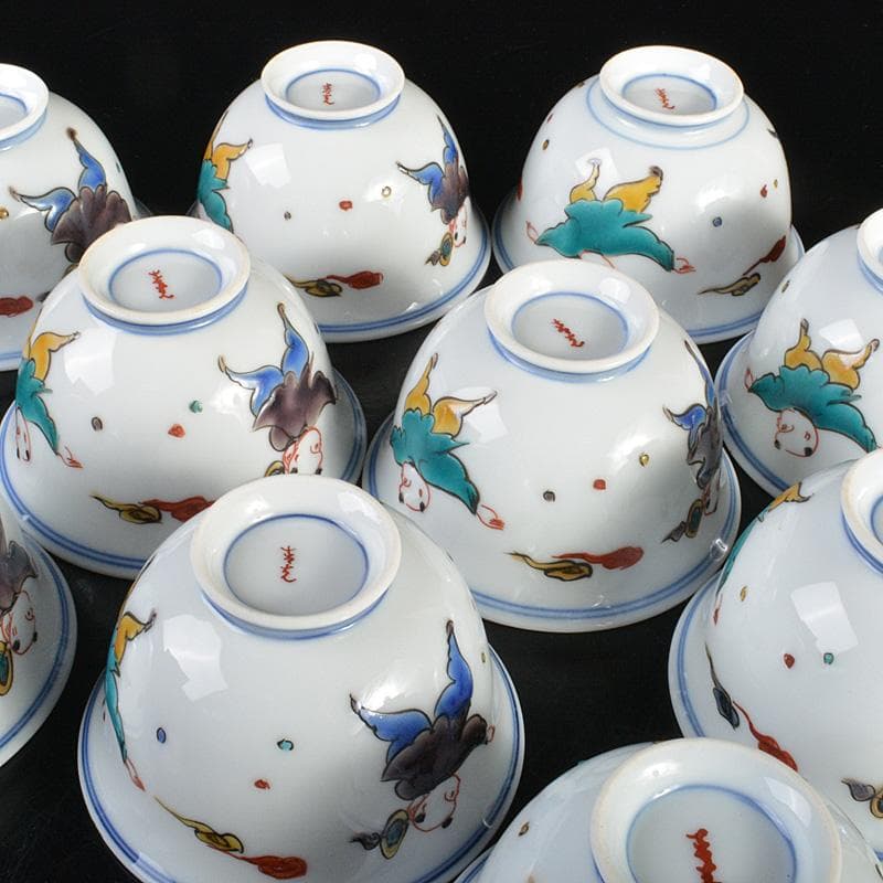 九谷焼　堀江青光造　色絵唐子文　波出茶碗　数茶碗　10客　共箱　V　6207C