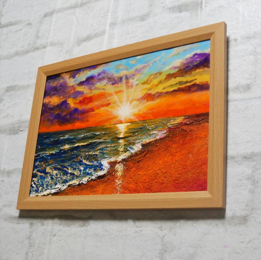 油絵 油彩 油彩画 絵 絵画 【夕陽に染まる海】A4