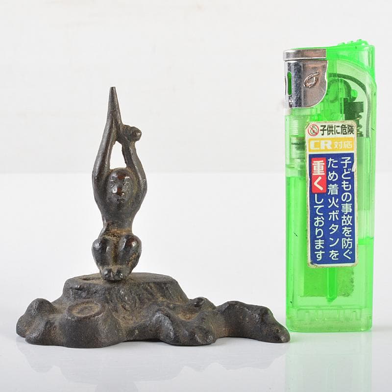 中国　古銅　猿　燭立　置物　C　R6344