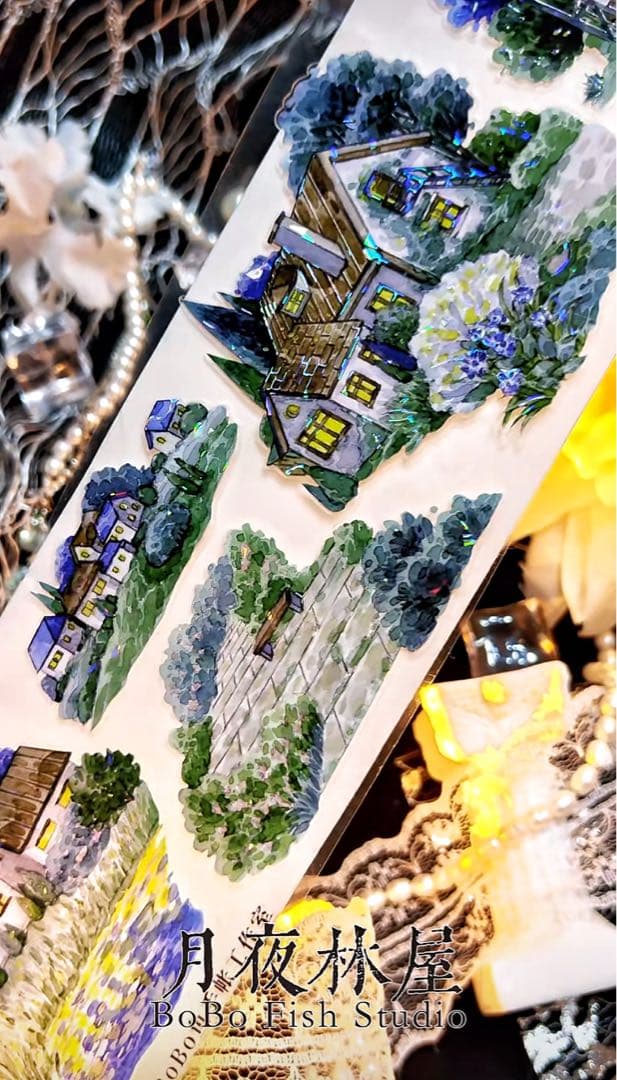 【9370】海外5m巻　貝殻光カッティングマスキングテープ夜景　小屋　装飾背景系