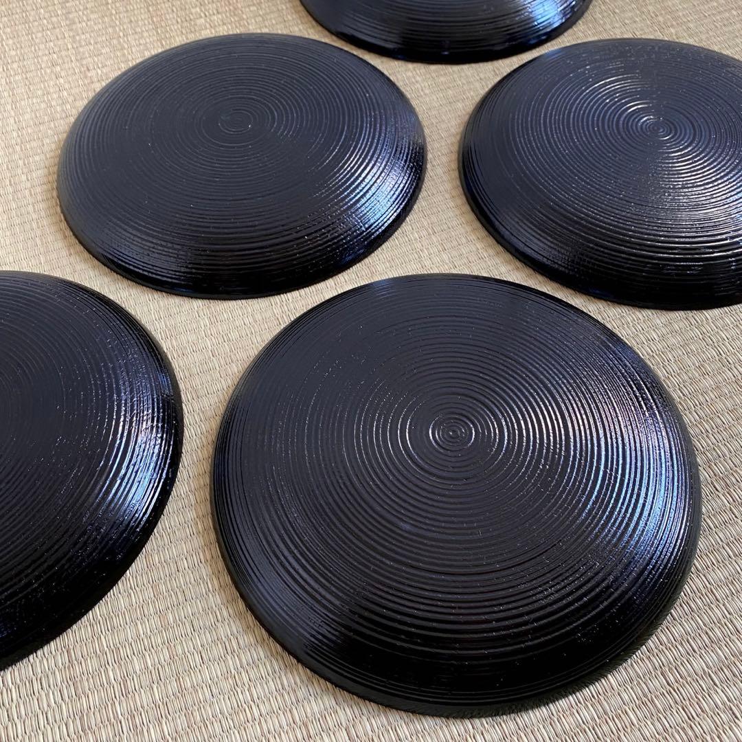 美品 輪島塗 【筋入銘々皿 5客組】菓子皿 千筋 天然木 漆塗 懐石 茶道具